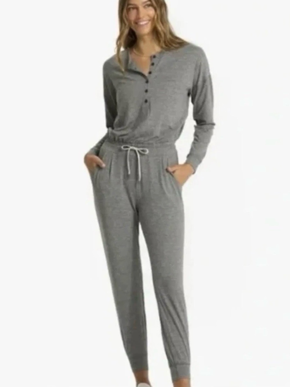 Vuori Heather Gray Long-Sleeve Lux Henley Jumpsuit